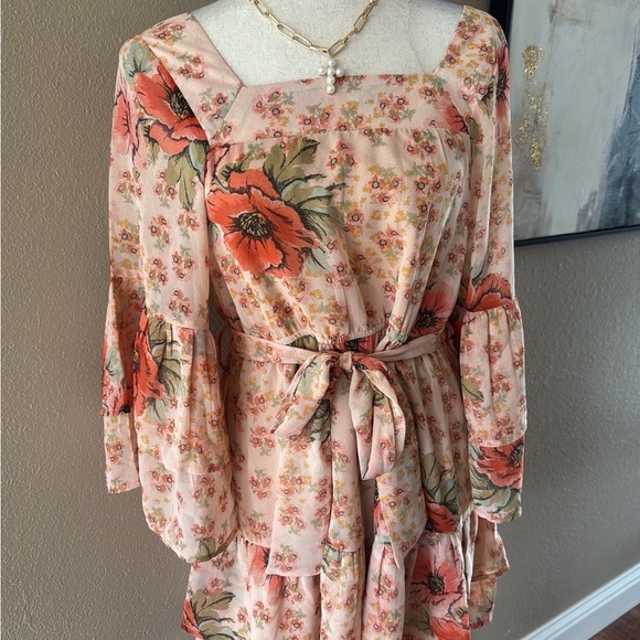 Floral Peach Dress with Bell Sleeves - Picture 6 of 7